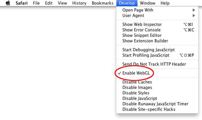 Open the "Develop" menu in the menu bar and select "Enable WebGL".